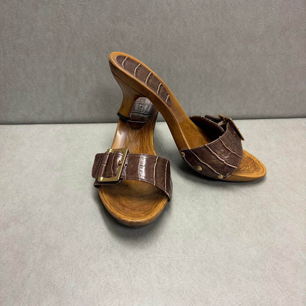 VTG Fioni Wood Look Clog Sandals Croc Embossed Boho 70's Twee Cottagecore 8